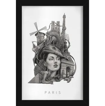 Obraz Stylový obraz v rámu Černobílý Paříž Eiffelova věž Moulin Rouge 20x30 cm