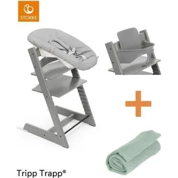 Jídelní židlička Stokke Set Tripp Trapp Židlička + Baby set + Newborn set Storm Grey + deka Sage Green