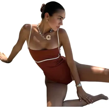 Dámské plavky Dámské jednodílné plavky s tenkými ramínky a kontrastním lemem Elegantní střih Brazilský zadní díl Letní styl na pláž i bazén khaki L