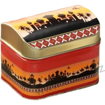 Dóza na potraviny ORIENT plechová dóza na čaj 2903 černé kontury orientálního města, velbloudi a palmy