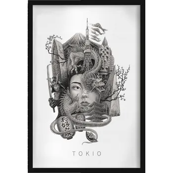 Obraz Ozdobný nástěnný obraz v rámu Černobílý Tokio Drak Višňový květ 40x60 cm