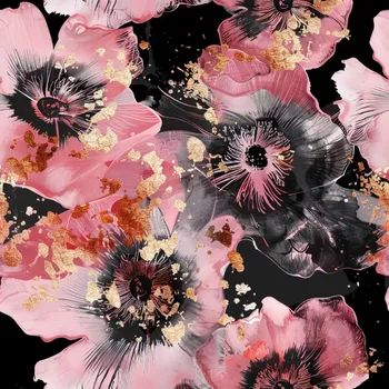 Úplet, Růžové květy s kousky zlata na černé (E) (Top kvalitní úplet Bella digitisk)