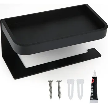 DRŽÁK TOALETNÍHO PAPÍRU ČERNÝ S POLIČKOU KOVOVÝ ZÁVĚSNÝ LOFT WC NA ZEĎ