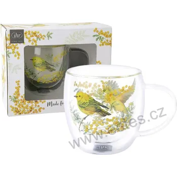 IHR JOY OF SPRING dvoustěnný skleněný termo hrnek žlutý ptáček pěnice a květy mimózy 250ml