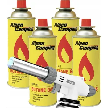 Plynová kartuše Piezzo hořák + náplňě kartuše Alpen Camping 4x400ml