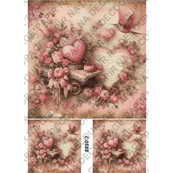 Umělecký papír Rýžový a soft papír na decoupage - Vintage srdce - KB0588 Materiál: Soft, Rozměr: A4