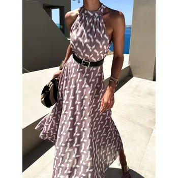 Dámské šaty Hnědé dlouhé vzdušné šaty DLEGO s páskem Velikost: ONESIZE