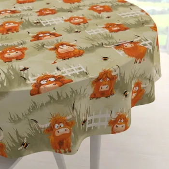 ubrus Dětský bavlněný kulatý ubrus Sandra SA-612 Býčci na pastvě na zeleném Ø 40 cm