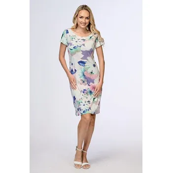 Dámské šaty Přiléhavé dámské šaty s krátkými rukávy s lila květy 831 velikost 3XL