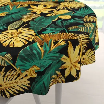 ubrus Bavlněný kulatý ubrus Sandra SA-603 Zeleno-zlaté tropické listy na černém Ø 100 cm