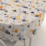 Dětský bavlněný oválný ubrus Sandra SA-613 Modro-oranžová lesní zvířátka na bledě šedém 140x220 cm