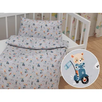 Povlečení Dětské bavlněné povlečení do postýlky Sandra SA-599 Méďové na motorkách a skateboardech na světle šedomodrém Do postýlky 90x120 a 40x60 cm