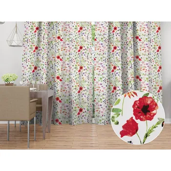 ubrus Bavlněný závěs Sandra SA-608 Červeno-fialové luční kvítí s motýlky a čmeláčky na bílém 150x150 cm