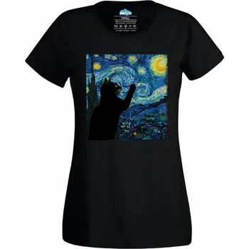 Dámské tričko Hravá Kočka ve Hvězdné Noci (Velikost: 4XL, Barva: Černá)