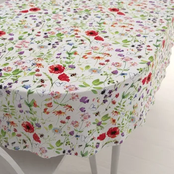 ubrus Bavlněný oválný ubrus Sandra SA-608 Červeno-fialové luční kvítí s motýlky a čmeláčky na bílém 80x120 cm