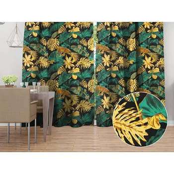 ubrus Bavlněný závěs Sandra SA-603 Zeleno-zlaté tropické listy na černém 150x150 cm