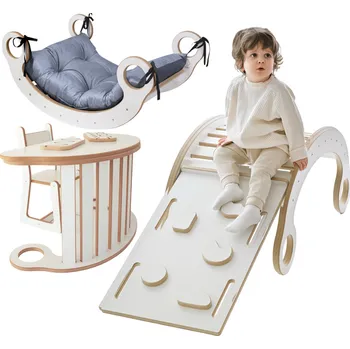 Dětská houpačka GUGI Montessori dřevěná houpačka XL + Lezecká stěna / skluzavka + Šedý polštář + Židle + Top