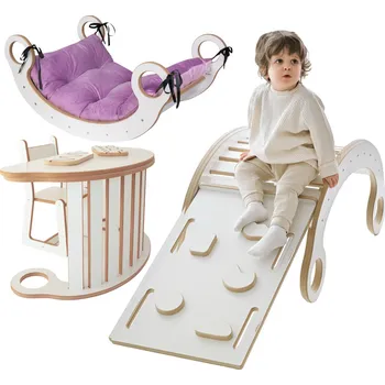 Hra na zahradu GUGI Montessori dřevěná houpačka XL + Lezecká stěna / skluzavka + Růžový polštář + Židle + Top