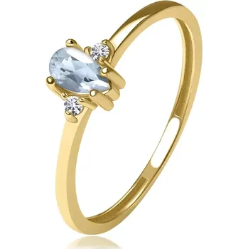 Prsten Prsten ze žlutého 14K zlata - dva brilianty, modrý topaz ve tvaru slzy - Velikost: 60