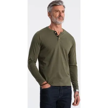 Pánské tričko s dlouhým rukávems výstřihem HENLEY tmavě olivový