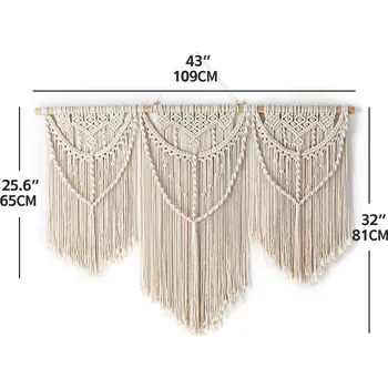 Ručně tkaný macrame boho závěs s dřevěnou tyčí | nástěnná dekorace, tkaná tapiserie - hvězda