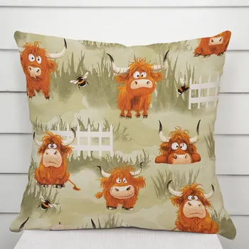 Povlak na dekorativní polštářek Dětský bavlněný povlak na polštář Sandra SA-612 Býčci na pastvě na zeleném 40 x 60 cm