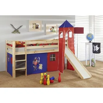 Dětská postel Dětská VYVÝŠENÁ postel se skluzavkou PIRÁTI modročervení - PŘÍRODNÍ barva dřeva