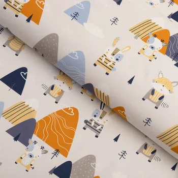 Dětská bavlněná látka/plátno Sandra SA-613 Modro-oranžová lesní zvířátka na bledě šedém - šířka 160 cm