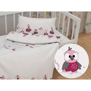 Povlečení Dětské bavlněné povlečení do postýlky Sandra SA-596 Růžové sovy na šedo-bílém Do postýlky 90x130 a 40x60 cm