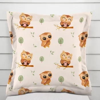 Povlak na dekorativní polštářek Dětský bavlněný povlak na polštář s lemem Sandra SA-616 Sovičky na větvích na bílém 40 x 60 cm