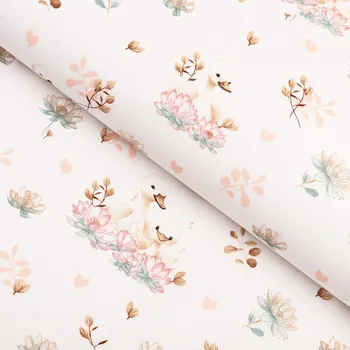 Bavlněná látka/plátno Sandra SA-610 Labutě mezi lekníny na bílém - šířka 160 cm