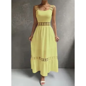 Dámské šaty Dlouhé elegantní plážové šaty s ozdobným pasem, ramínky a spodničkou Barva: Žlutá, Velikost: M