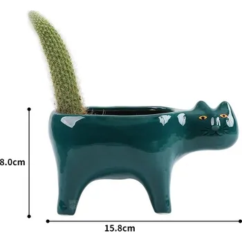 Květináč Roztomilý kočičí květináč pro sukulenty a kaktusy | keramický květináč, zahradní dekorace - Tmavě zelená