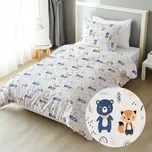 Dětské bavlněné ložní povlečení Sandra SA-595 Modro-béžová lesní zvířátka na bílém Jednolůžko 140x200 a 70x90 cm