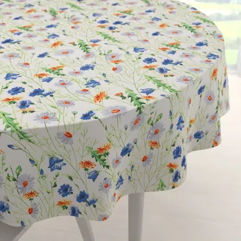 ubrus Bavlněný kulatý ubrus Sandra SA-601 Kopretiny a zvonky na bílém Ø 60 cm