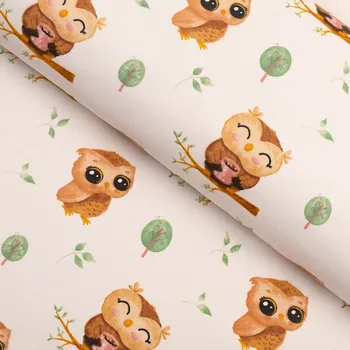 Dětská bavlněná látka/plátno Sandra SA-616 Sovičky na větvích na bílém - šířka 160 cm