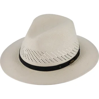 Klobouk Fiebig - Headwear since 1903 Letní béžový panamský klobouk Fedora - ručně pletený - s koženou stuhou Velikost: 59 cm (L)