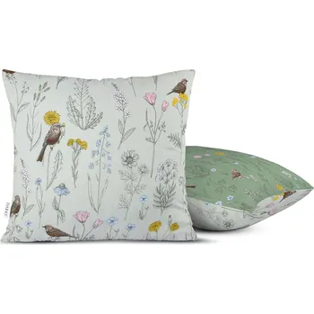 Povlečení DARRÉ Bavlněný povlak na polštář Ptáčci v kvítí - zelený - duo Velikost: atypický 50 x 60