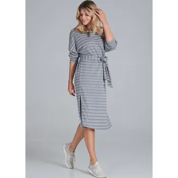 Dámské šaty Šedé pruhované midi šaty s dlouhým rukávem M848 Grey Velikost: S/M