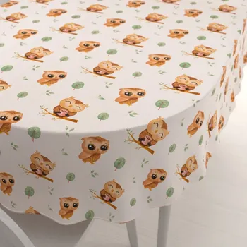 ubrus Dětský bavlněný oválný ubrus Sandra SA-616 Sovičky na větvích na bílém 50x100 cm