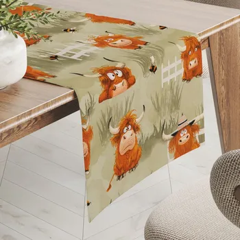 ubrus Dětský bavlněný běhoun na stůl Sandra SA-612 Býčci na pastvě na zeleném 35x140 cm