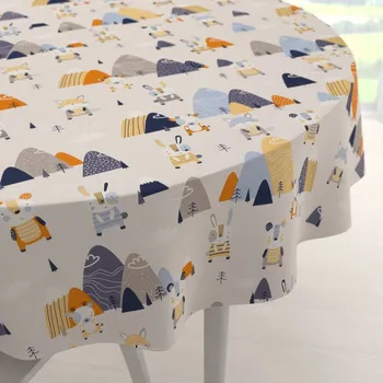 ubrus Dětský bavlněný kulatý ubrus Sandra SA-613 Modro-oranžová lesní zvířátka na bledě šedém Ø 40 cm