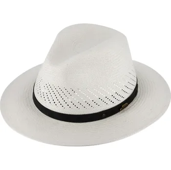 Klobouk Fiebig - Headwear since 1903 Letní bílý panamský klobouk Fedora - ručně pletený - s koženou stuhou Velikost: 59 cm (L)