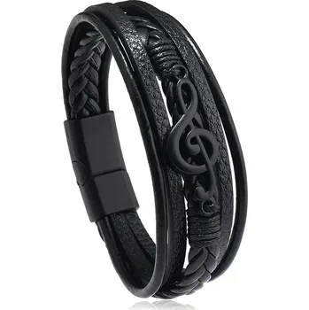 Náramek Stylový pánský kožený náramek s hudebním symbolem | pánský šperk, kožený náramek - černý