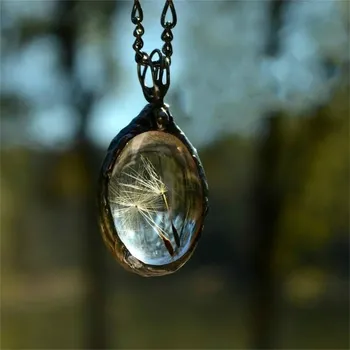 Náhrdelník Pampeliška ukrytá ve skle, náhrdelník | skleněný přívěsek, přírodní šperk