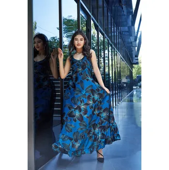 Dámské šaty Himalife Dlouhé šaty s volány Lilie - tmavě modrá Velikost: L/XL