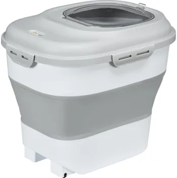 Miska pro psa PawHut zásobník na krmivo pro psy, 25 l, 44x32x37 cm, skládací, se čtyřstranným uzamykatelným víkem, kolečka, misky, odměrka, naběračka, plast, šedý| Aosom