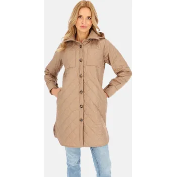 Dámská cargo bunda Lehká béžová prošívaná dámská bunda s kapucí BLE 241045 F - Camel Velikost: S