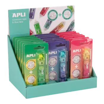 Kancelářské lepidlo APLI korekční a lepicí strojek 2 v 1, 18 ks, displej, mix barev