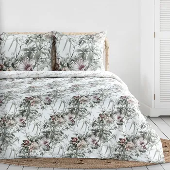 Povlečení 220x200 cm bavlněné bílé, ocelové oboustranné se vzorem botanickým NIKA 53